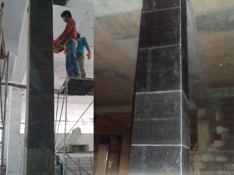 Column strengthening works at residential apartments using CFRP